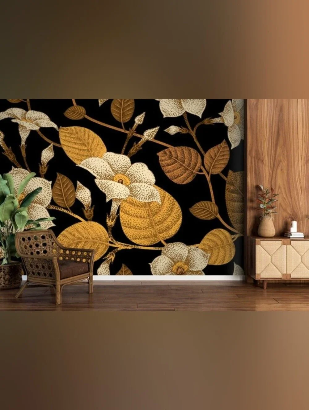 Leaf Print Wallpaper Roll Set in Brown and Tan
